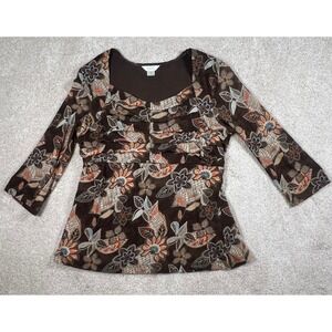 Christopher & Banks Floral Print Top BOHO Brown Orange Blue Square Neck Blouse M
